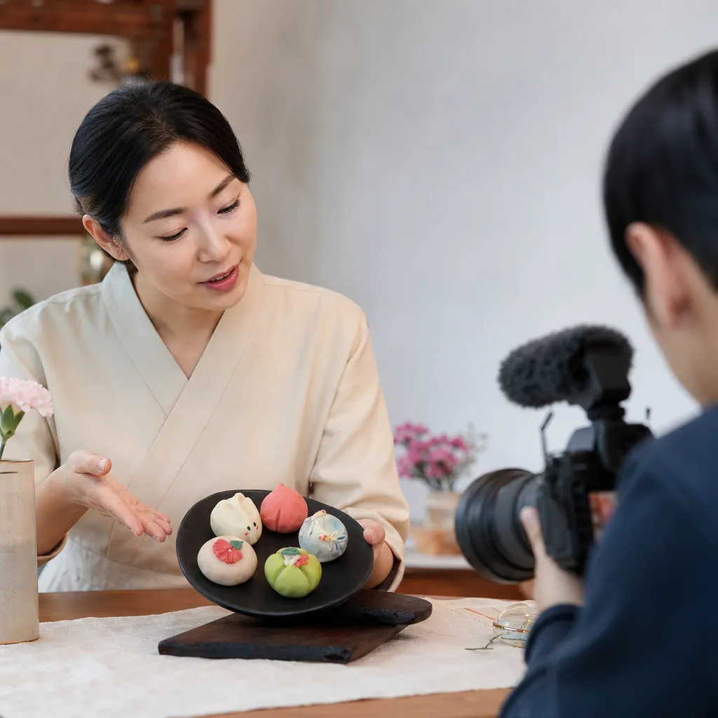 유튜브에 올릴 영상 만들어줘 카메라맨이 영상을 찍고 다른 여성이 화과자를 설명 설명문은 어