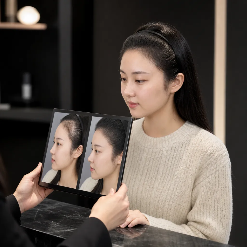 20대 여성 모델. 헤어라인 SMP시술 전과 후 비교. 시술 후 만족스러움 표현. BDD 